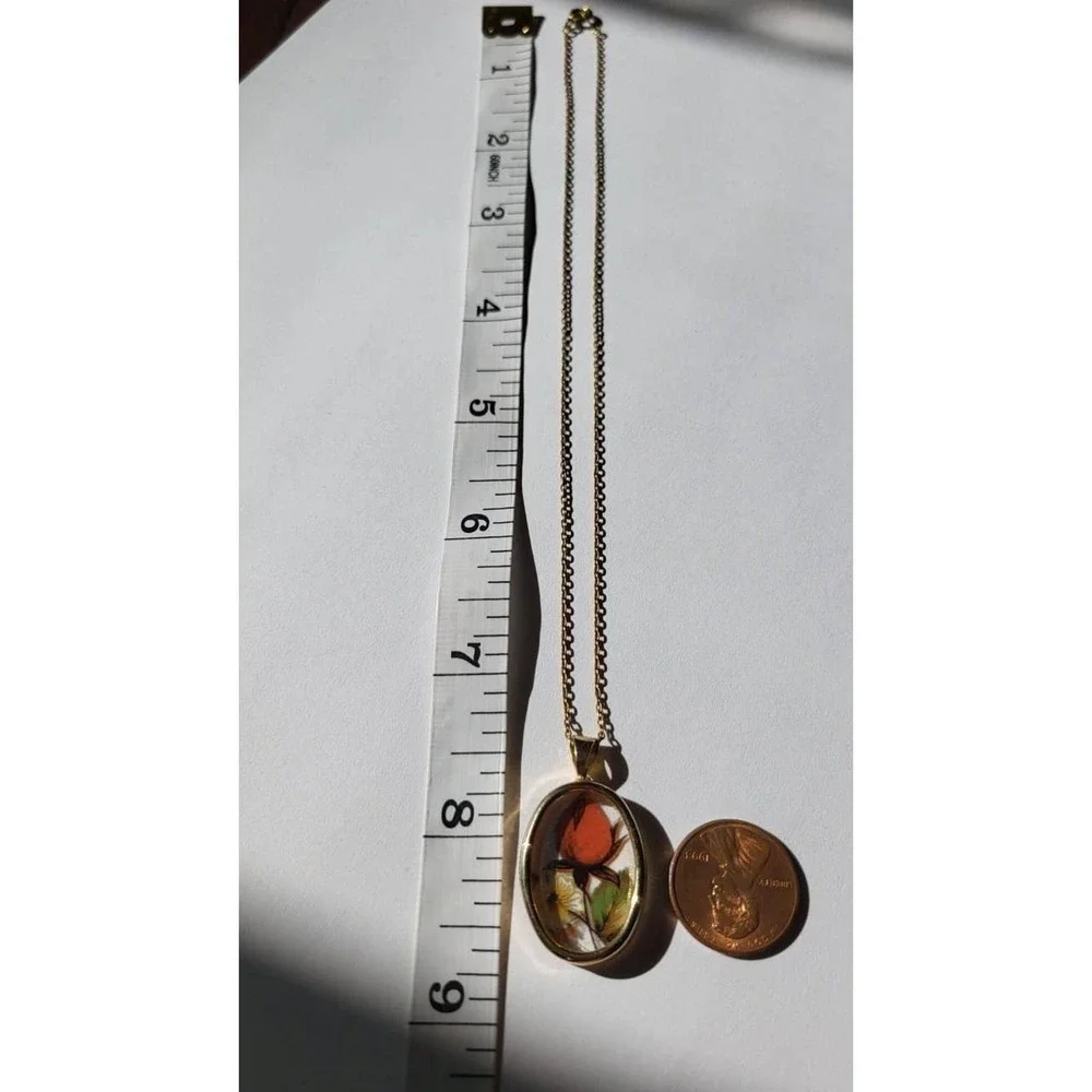 Oval Pendant Necklace with Orange Rose and Butterflies Vintage Brass Chain